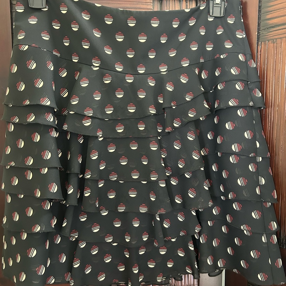 LOFT Black and Red Striped Polka Dot A-Line Skirt